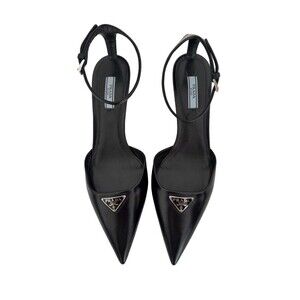 Prada EU 39.5 Logo Black Leather Pointed Toe Ankle Strap Heels Pumps Authentic